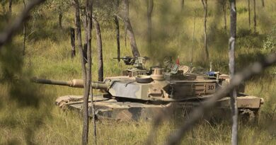 An Australian Army M1A2 Abrams main battle tank from the 2nd Cavalry Regiment during a live-fire practice in the Townsville Field Training Area during Exercise Eagle March. Photo by Sergeant Matthew Bickerton.