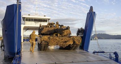 An Australian Army M1 Abrams Tank from 2nd Cavalry Regiment disembarks at Lucinda as part of their movement to Townsville Field Training Area for Exercise Brolga Run, on May 21 2024, Queensland. Photo by Captain Brittany Evans.