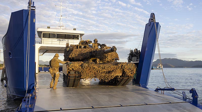 An Australian Army M1 Abrams Tank from 2nd Cavalry Regiment disembarks at Lucinda as part of their movement to Townsville Field Training Area for Exercise Brolga Run, on May 21 2024, Queensland. Photo by Captain Brittany Evans.