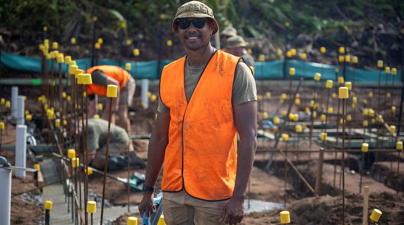 Sapper Jeirome Auda-Muckan is using his carpentry skills to construct a community hall on Erub Island, Torres Strait, as part of the Army Ailan (Aboriginal) Assistance Program. Story by Captain Joanne Leca. Photos by Corporal L Warwick.
