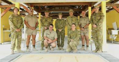 Commander 17th Sustainment Brigade, Brigadier Rebecca Talbot, centre, and Regimental Sergeant Major Andrew Crook visit the newly completed Kup Murri (traditional cooking pit) constructed by 6th Engineer Support Regiment soldiers. Story by Captain Joanne Leca. Photos supplied.