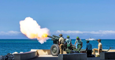 Australian Army personnel from the 4th Regiment, Royal Australian Artillery, join PNG Defence Force members in a ceremonial gun salute during the Fleet Review at APEC Haus, Port Moresby. Story by Captain Katy Manning. Photos by Corporal Jack Pearce.
