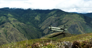 An Australian Army CH-47F Chinook from 5th Aviation Regiment navigates the rugged terrain of Papua New Guinea’s Central Highlands during altitude training. Story by Captain Tadek Markowski. Photos by Corporal Dana Millington.