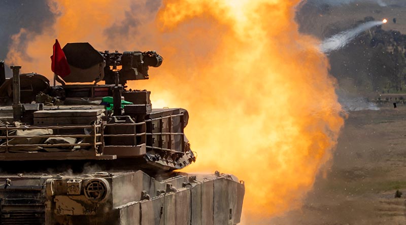 An Australian Army Abrams M1A2 SEPv3 main battle tank during a live-fire serial as part of a qualification course for Royal Australian Armoured Corps soldiers at Puckapunyal Military Area, Victoria. Photo by Corporal Jacob Joseph.