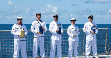 Members of HMAS Ballarat's ship's company prepare to scatter the ashes of four Royal Australia Navy sailors and one Royal Navy sailor during a committal of ashes to the sea ceremony off the coast of Australia. Story by Sub-Lieutenant Jake Badior. Photos by Leading Seaman Connor Morrison.