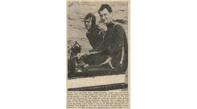 Former Navy clearance Diver Wally Reynolds, right, with Phillip Meade after he descended 327 feet to set an Australian aqualung diving record 12 miles off the coast of Newport, NSW. Story by Corporal Darryl Gallagher.