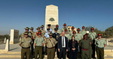 Australian, New Zealand and Fijian Multinational Force and Observers contingent members with the Australian Ambassador to Egypt Dr Axel Wabenhorst and New Zealand Ambassador to Egypt Louise Searle at the El Alamein Cemetery. Story and photos by Captain Lucas Benjamin.