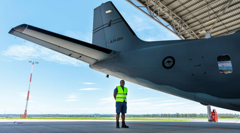 Sergeant Joshua Magun, of the PNG Defence Force, on the flight line at 35 Squadron during the Kumul Exchange at RAAF Base Amberley, Queensland. Story by Flight Lieutenant Greg Hinks. Photos by Leading Aircraftwoman Nell Bradbury.