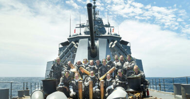 HMAS Warramunga's weapons electrical team after a successful 5-inch live-fire exercise during a regional presence deployment. Photo by Leading Seaman Abdus Chowdhury.