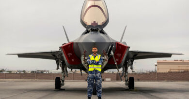 Royal Australian Air Force Aircraft Technician, Leading Aircraftman Rory Kerr, stands in front of an F-35A Lightning II aircraft during Exercise Red Flag 26-1 at Nellis Air Force Base, United States. Story by Squadron Leader Tina Turner. Photos by Leading Aircraftwoman Nell Bradbury.