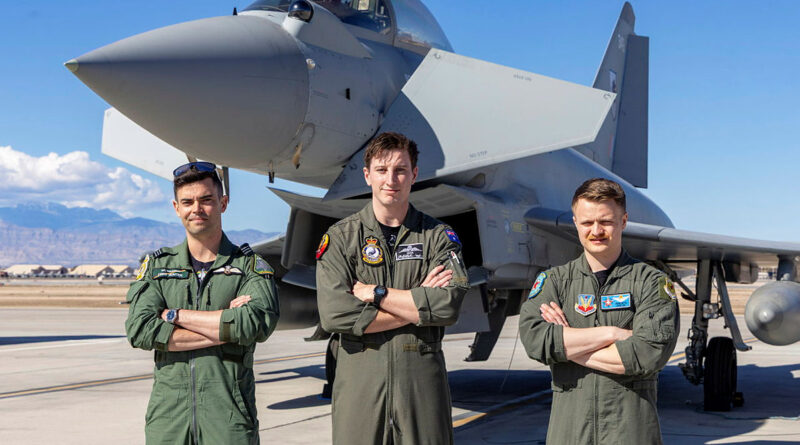From left, Royal Air Force pilot Flight Lieutenant Fred Hunter, Royal Australian Air Force Pilot Officer Ed and United States Air Force pilot Captain Brendan Crouse with a Royal Air Force Eurofighter Typhoon FGR4. Story by Squadron Leader Tina Turner. Photos by Leading Aircraftman Nell Bradbury.