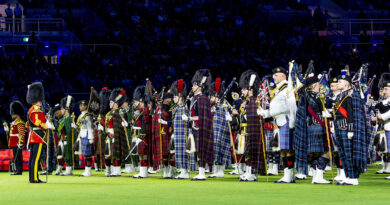 The Pipes and Drums Band of the 2026 Royal Edinburgh Military Tattoo performs at Suncorp Stadium, Brisbane. Story by Lieutenant Michael Wilson. Photos by Flight Sergeant Christopher Dickson.