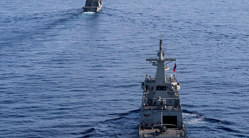 Philippines Naval Vessel BRP Diego Silang follows HMAS Toowoomba while they conduct officer of the watch manoeuvres during a maritime cooperative activity off the west coast of Luzon. Story by Lieutenant Marcus Middleton. Photo by Leading Seaman Zac Dingle.
