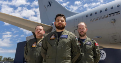 From left, Air Refuelling Officers Technical Sergeant Robert Kniveton from the United States Air Force, Flying Officer Rudolph Liebenberg from the Royal Australian Air Force and Captain Matthew MacMillan from the Royal Canadian Air Force stand in front of a RAAF KC-30A at RAAF Base Amberley, Queensland. Story by Flight Lieutenant Natasha Silver. Photo by Leading Aircraftman Campbell Latch.