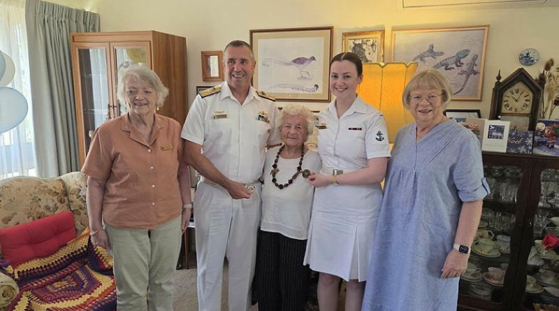 Deputy Chief of Navy Rear Admiral Matt Buckley and Leading Seaman Elodie Miles visit former WRANS writer Merle Hare, centre, for her 106th birthday, with, former Leading Navy Radar Plotter Pauline Gribble, far left, and former Navy member Judith Rowe. Story by Lieutenant Felicity de Fombelle.