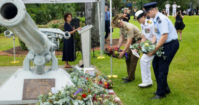 Colonel Judd Finger, left, Captain Bernadette Alexander and Wing Commander Rowan Paice, lay wreaths and tributes during the USS Peary commemorative service in Darwin, NT. Story by Lieutenant Hinako Shiraishi. Photos: byPetty Officer Leo Baumgartner.
