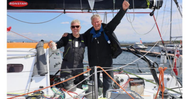 Sergeant Darrell Greig and Wing Commander (retd) Kevin Le Poidevin at the end of their 5500+ nautical mile double-handed sail from Melbourne to Osaka in 2025. Story by Wing Commander Deanna Nott.