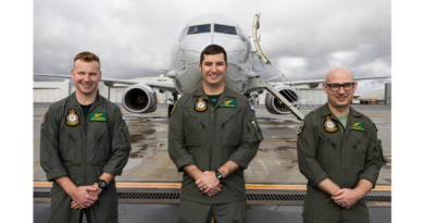 From left, Royal Australian Air Force airborne electronics analysts Corporals Keean Ferguson, Andrew Newton and Joel Letham, of 11 Squadron, in front of a P-8A Poseidon aircraft at RAAF Base Edinburgh, South Australia. Story by Flight Lieutenant Holly Ryan. Photo by Aircraftman Ivan Smotrov.