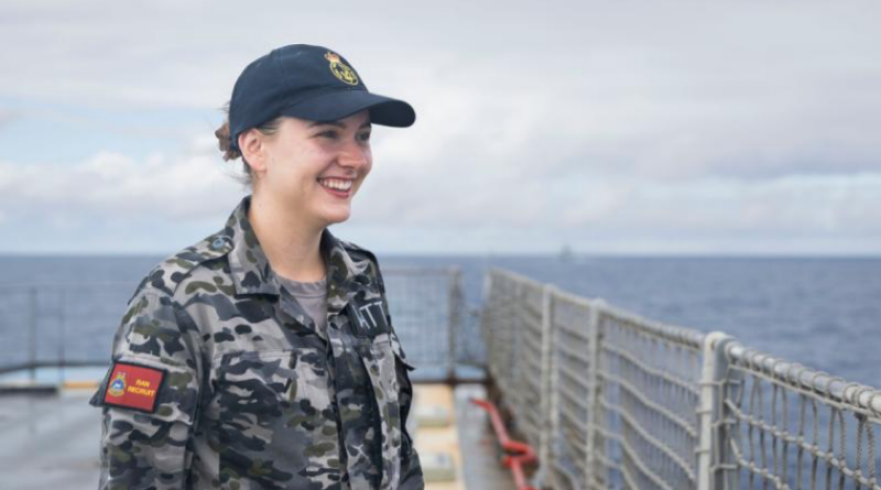 Royal Australian Navy Recruit Abby Watts on board HMAS Choules off the coast of New South Wales during Exercise Kakadu. Story by Lieutenant Hinako Shiraishi. Photo by Seaman Genae Kelly.