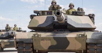 M1A1 Abrams tanks from the 1st Armoured Regiment exit the parade ground following the Cambrai Parade 2017. Photo by Corporal Craig Barrett.