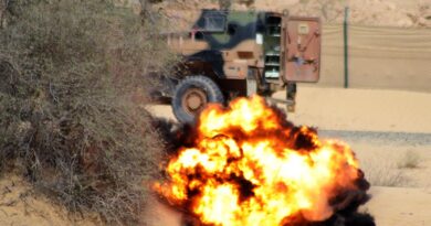 A simulated IED detonates at an Australian training facility in the Middle East. Photo by Petty Officer Phil Cullinan.