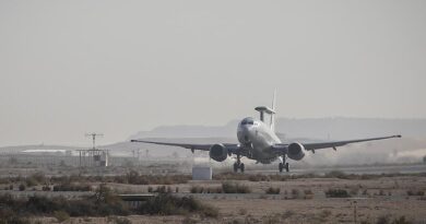 An E-7A Wedgetail takes off from Australia's main logistics base in the Middle East. Photo by Corporal Brenton Kwaterski.