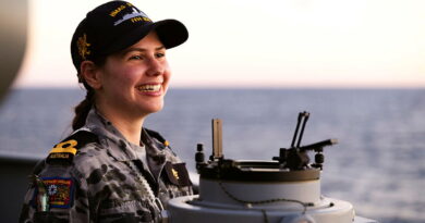 Maritime warfare officer Sub-Lieutenant Sharni Pierce on the bridge wing of HMAS Stuart during Exercise Kakadu. Story by Sub-Lieutenant Jonathan Rendell. Photos by Leading Seaman Danyellah Hill.