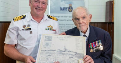 Commanding Officer HMAS Cerberus Captain Ben Esler presents Navy veteran Ron Stannus with a copy of a drawing of HMAS Warramunga, at the Heritage and Learning Centre, HMAS Cerberus, Victoria. Sub-Lieutenant Andrew Murphy. Photos by Petty Officer Bradley Darvill.