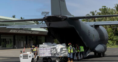 Solomon Islands airport staff unload Australian aid from a 35 Squadron C-27J Spartan at Munda International Airport following Tropical Cyclone Maila. Story by Flight Sergeant Mark Eaton. Photos by Leading Aircraftwoman Maddison Scott.