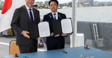 Deputy Prime Minister and Defence Minister Richard Marles and Defense Minister for Japan Koizumi Shinjiro hold a press conference on board JS Kumano after signing the Mogami Memorandum. Story by Sub-Lieutenant Andrew Murphy. Photo by Leading Seaman James McDougall.