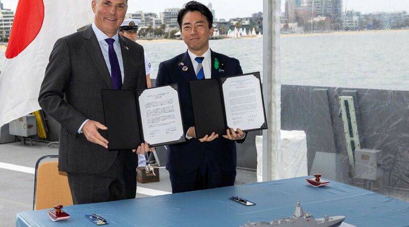 Deputy Prime Minister and Defence Minister Richard Marles and Defense Minister for Japan Koizumi Shinjiro hold a press conference on board JS Kumano after signing the Mogami Memorandum. Story by Sub-Lieutenant Andrew Murphy. Photo by Leading Seaman James McDougall.