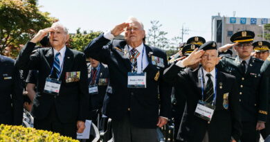 From left Korean War veterans Colin Hallett (NZ), Ronald J. Foyle (CAN) and Raymond Rogers (AUS) during a ceremony for the 75th Anniversary of The Battle of Kapyong at Gapyeong, Korea. Story by Major Diana Jennings. Photos by Corporal Riley Blennerhassett.