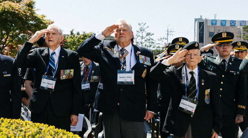 From left Korean War veterans Colin Hallett (NZ), Ronald J. Foyle (CAN) and Raymond Rogers (AUS) during a ceremony for the 75th Anniversary of The Battle of Kapyong at Gapyeong, Korea. Story by Major Diana Jennings. Photos by Corporal Riley Blennerhassett.