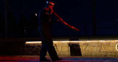 Royal Australian Navy Able Seaman Kieran Nieves plays the didgeridoo at the Anzac Cove dawn service on the Gallipoli Peninsula, Türkiye. Story by Flying Officer Freya Hansen. Photos by Corporal Andrew Shaw.