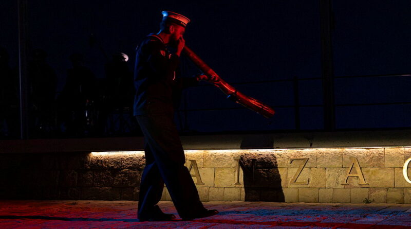 Royal Australian Navy Able Seaman Kieran Nieves plays the didgeridoo at the Anzac Cove dawn service on the Gallipoli Peninsula, Türkiye. Story by Flying Officer Freya Hansen. Photos by Corporal Andrew Shaw.