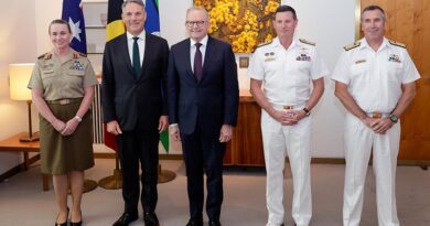 Chief prof Army nominee Lieutenant General Susan Coyle, Defence Minister Richard Marles, Prime Minister Anthony Albanese, Chief of Defence Force nominee Admiral Mark Hammond and Chief of Navy nominee Rear Admiral Mathew Buckley, after the change of leadership announcement in Canberra. Photo by Rodney Braithwaite.