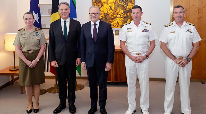 Chief prof Army nominee Lieutenant General Susan Coyle, Defence Minister Richard Marles, Prime Minister Anthony Albanese, Chief of Defence Force nominee Admiral Mark Hammond and Chief of Navy nominee Rear Admiral Mathew Buckley, after the change of leadership announcement in Canberra. Photo by Rodney Braithwaite.