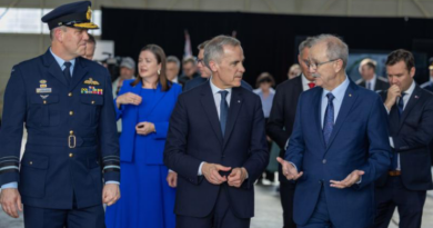 From left, Chief of Air Force Air Marshal Stephen Chappell, Canadian Prime Minister Mark Carney and Deputy Secretary Capability Acquisition and Sustainment Group Chris Deeble during a Defence Science and Technology Capability showcase in Canberra. Photo by Rodney Braithwaite.