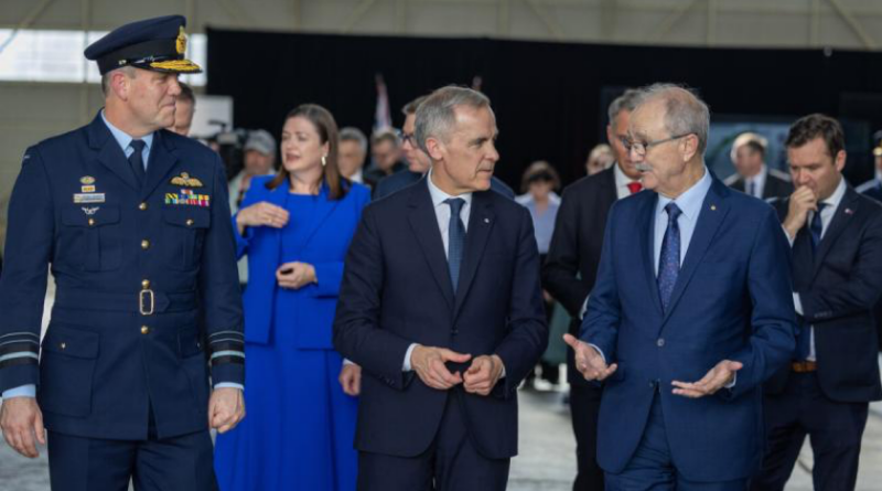 From left, Chief of Air Force Air Marshal Stephen Chappell, Canadian Prime Minister Mark Carney and Deputy Secretary Capability Acquisition and Sustainment Group Chris Deeble during a Defence Science and Technology Capability showcase in Canberra. Photo by Rodney Braithwaite.