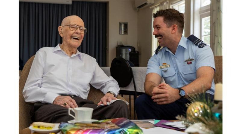 Flight Lieutenant Lee Maieron chats with RAAF World War II veteran, Len Mills, at his 104th birthday celebration. Story by Flight Lieutenant Owen Zupp and Monte Wilson. Photo by Leading Aircraftwoman Mikaela Fernlund.