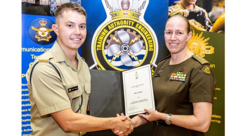 Commandant of the Army Logistics Training Centre Colonel Charmaine Benfield presents Craftsman Jack Patman with his certificate. Story by Captain Krysten Clifton. Photo by Petty Officer Bradley Darvill.