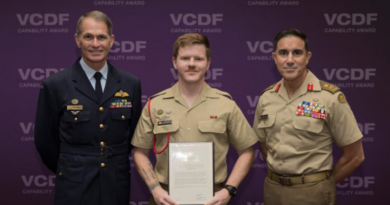Vice Chief of the Defence Force Air Marshal Robert Chipman and Chief of Army Lieutenant General Simon Stuart with Private Blaithe Gill-O’Connor, the winner of the 2026 Defence Capability Award. Story by Corporal Michael Rogers. Photo by Kris Kerehona.