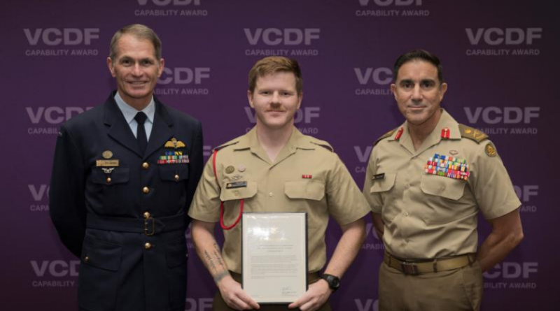 Vice Chief of the Defence Force Air Marshal Robert Chipman and Chief of Army Lieutenant General Simon Stuart with Private Blaithe Gill-O’Connor, the winner of the 2026 Defence Capability Award. Story by Corporal Michael Rogers. Photo by Kris Kerehona.