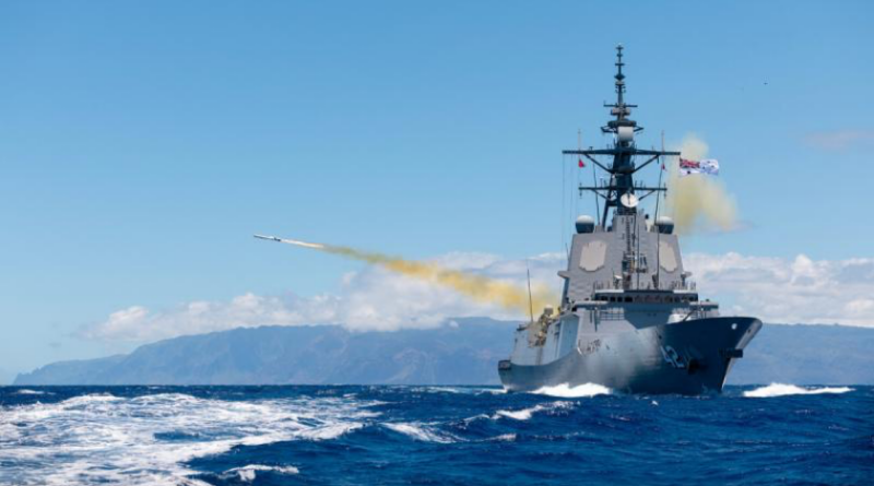 HMAS Sydney fires the Royal Australian Navy’s first Naval Strike Missile off the coast of Oahu, Hawaii as a part of Exercise RIMPAC 2024. Story by Corporal Michael Rogers. Photo by Leading Seaman Daniel Goodman.