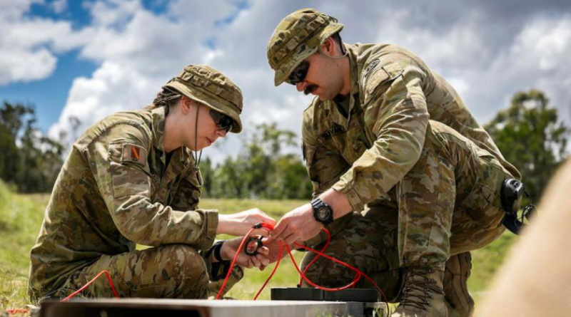 Lieutenant James Sullivan, right, and Captain Charlotte Bradstreet prepare an explosive charge during the explosives supervisor course at Holsworthy Barracks. Story by Lieutenant Emily Tinker. Photos by Corporal Hamid Farahani.