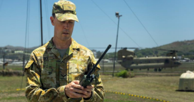 Corporal Nathan Scott, an aviation operations specialist with the 5th Aviation Regiment, conducts communications checks as part of Exercise Helicon Luk 2025 in Papua New Guinea. Story by Captain Tadek Markowski. Photos by Corporal Dana Millington.