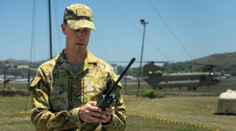 Corporal Nathan Scott, an aviation operations specialist with the 5th Aviation Regiment, conducts communications checks as part of Exercise Helicon Luk 2025 in Papua New Guinea. Story by Captain Tadek Markowski. Photos by Corporal Dana Millington.