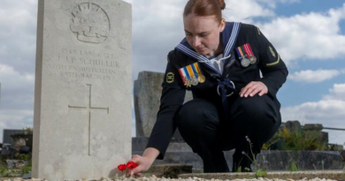 Able Seaman Rachel Brandt lays poppies for her great-great uncle at the Bapaume Communal Cemetery in Bapaume, France. Story by Captain Annie Richardson. Photos by Sergeant Jarrod McAneney.