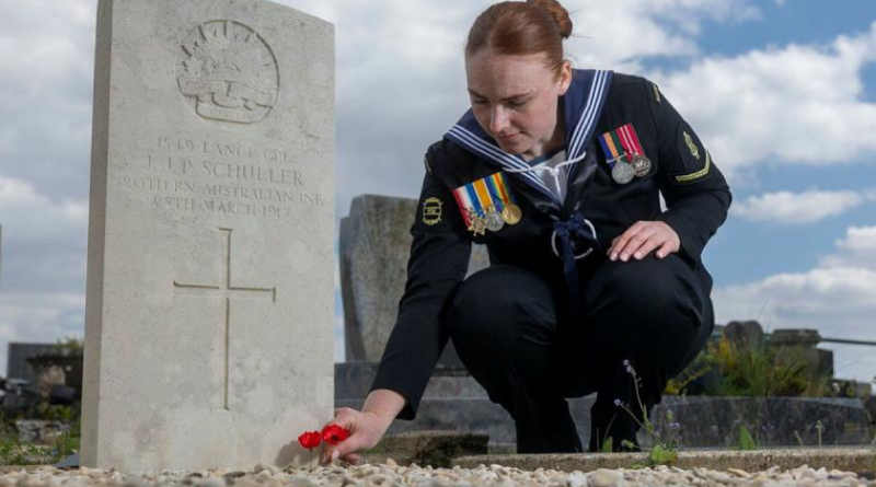 Able Seaman Rachel Brandt lays poppies for her great-great uncle at the Bapaume Communal Cemetery in Bapaume, France. Story by Captain Annie Richardson. Photos by Sergeant Jarrod McAneney.