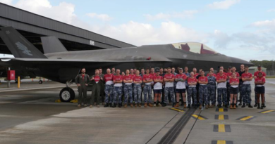 3 Squadron personnel, who raised funds in this year’s March On, in front of a 3 Squadron F-35A Lightning II aircraft at RAAF Base Williamtown, NSW. Story by Evana Ho. Photo by Leading Aircraftwoman Elise Ross.